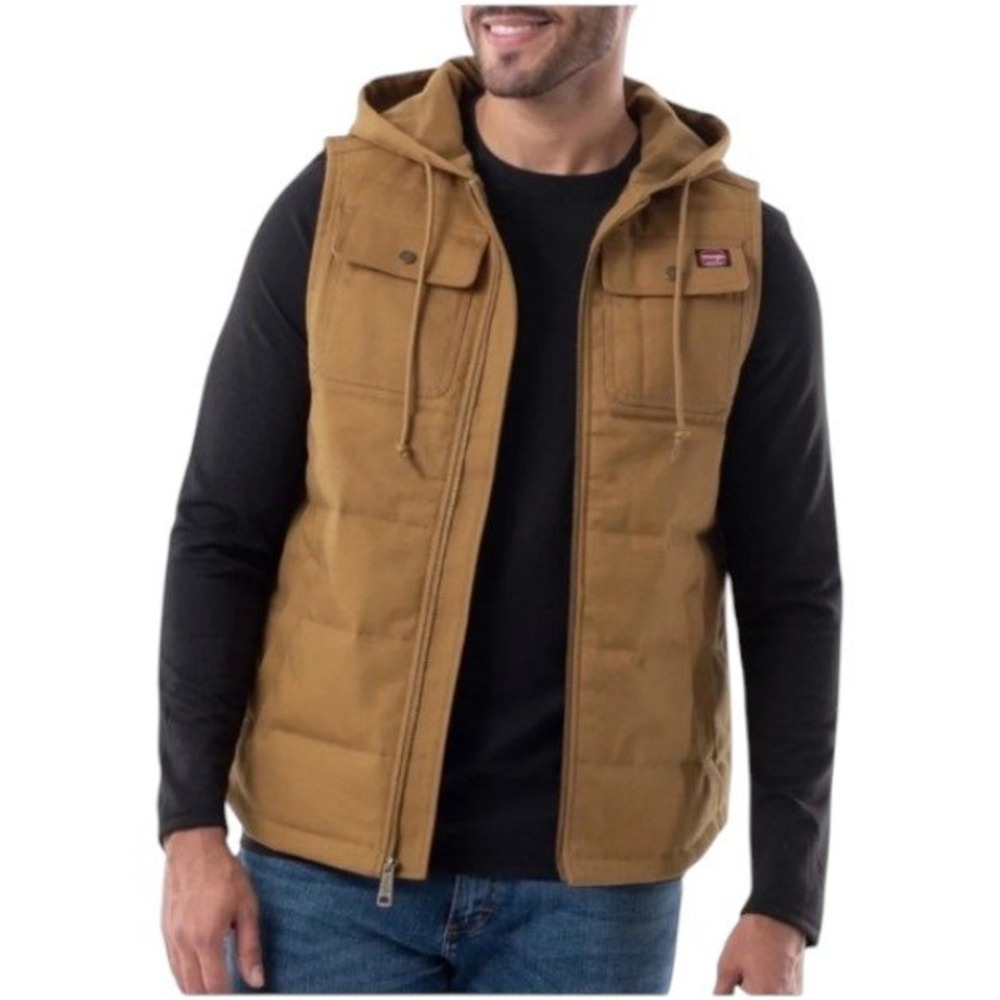 Wrangler Vest Mens 3XL Brown Workwear Hooded Canvas Quilted Insulated